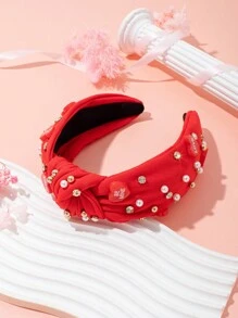 1個時尚珍珠和鑽石裝飾蝴蝶結頭箍,適合女孩 - 紅色 - 查看 1