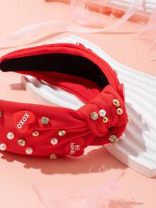 1個時尚珍珠和鑽石裝飾蝴蝶結頭箍,適合女孩 - 紅色 - 查看 3