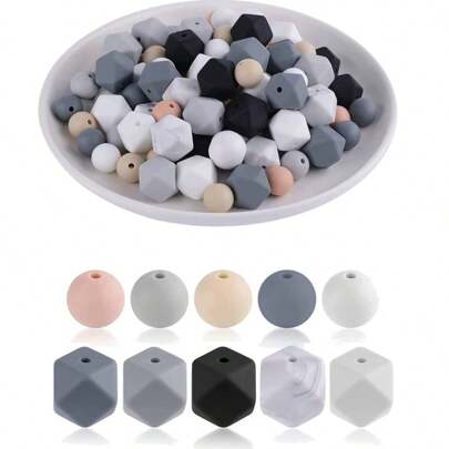 50/100pcs Fashion Decorative Silicone Beads, 12/14mm Grey Series Round Hexagon Silicone Loose Beads, Suitable For Jewelry Making DIY Necklace Bracelet Keychain Bead Pen Lanyard Beaded Handmade Accessories