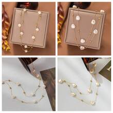 1入女性金色多層扁平圓形幾何圓盤流蘇和人造珍珠項鍊,復古時尚極簡百搭,日常通勤節慶派對皆宜 - 金黃色 - 查看 8