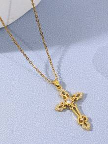 1入歐美風格鍍銅鋯石吊墜頸鏈,女性用 - 金黃色 - 查看 2