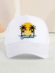 1pc Children's Sunshade Breathable Mesh Baseball Cap With Coconut Tree Pattern For Outdoor Sport - White - View 1