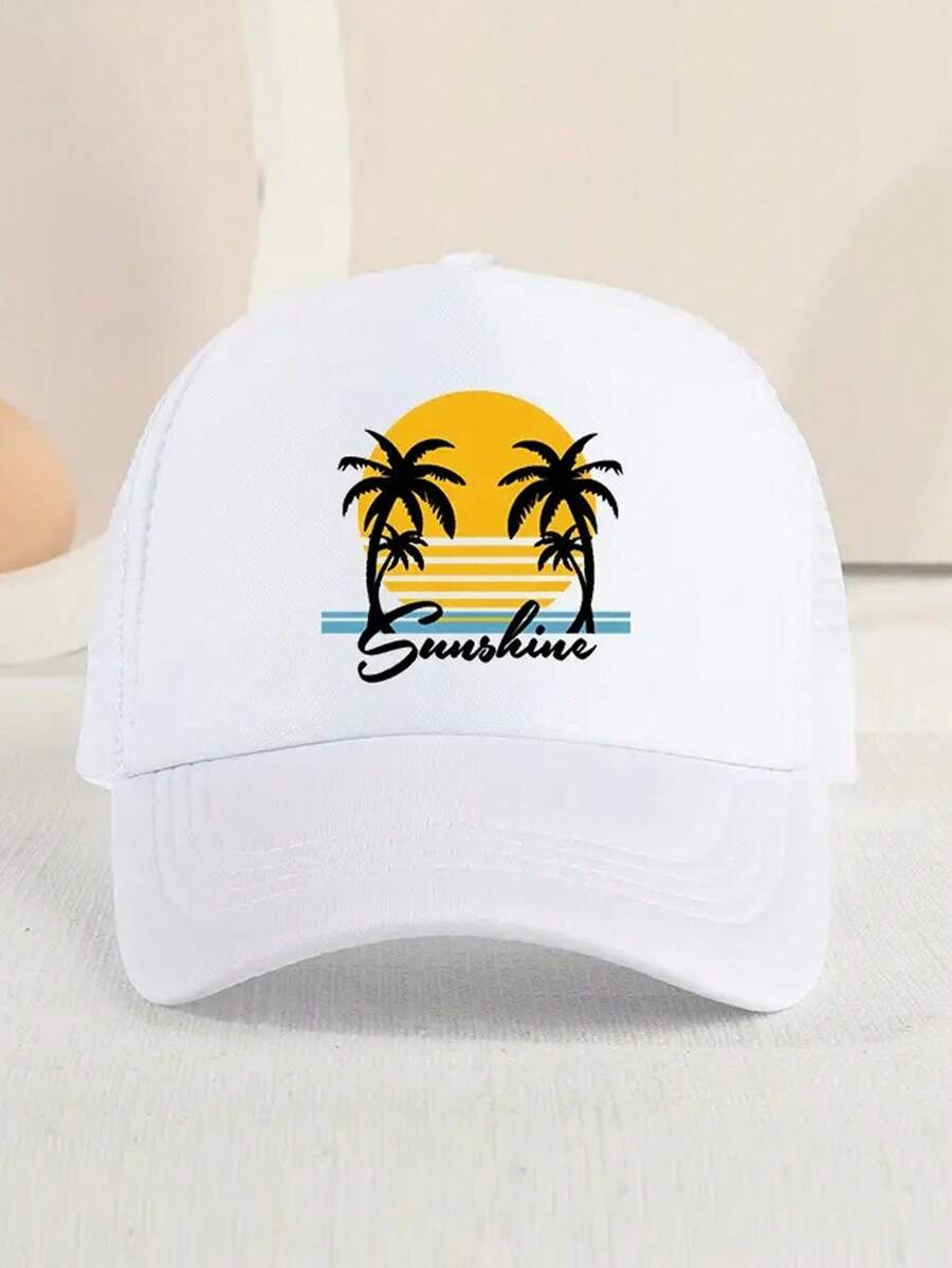 1pc Children's Sunshade Breathable Mesh Baseball Cap With Coconut Tree Pattern For Outdoor Sport - White - View 1
