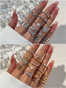 15入組時尚精美的女士戒指套裝,有心形、樹葉、八角形、波紋、空心、鑲嵌人造藍寶石 - 十五件套戒指 - 查看 5