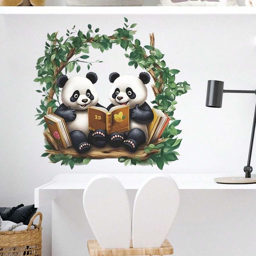 2入組卡通動物閱讀壁貼,可愛的熊貓壁貼,適用於幼稚園兒童臥室 - 彩色 - 查看 1