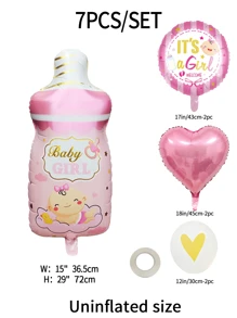 7pcs Pink Bottle Shaped Latex & Foil Balloon Set For Gender Reveal, Birthday Party Decoration Supplies - Pink - View 2