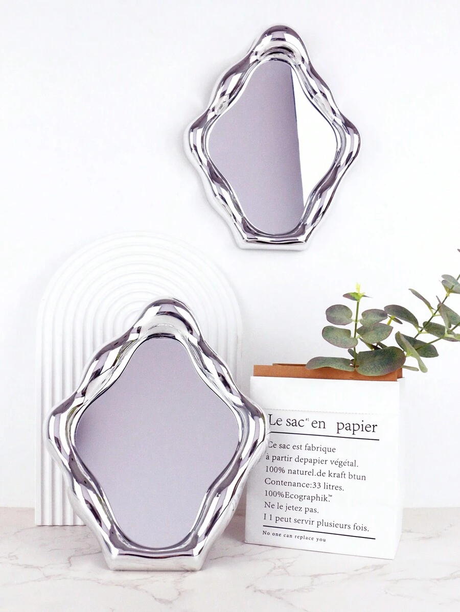Luxurious French Style Checkered Design Minimalist Desktop/wall-mounted Makeup Mirror With Baroque Inspired Diamond Shape, Ins - Silver - View 1