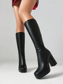 JIAOFEITI Women's Knee-High Elastic Boots, Square Toe, Water-Resistant Platform, Chunky Heels For Fall And Winter - Black - View 1