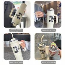 1200 毫升/40 盎司不銹鋼水杯帶手柄、吸管、防漏蓋、防塵蓋、矽膠手柄、絕緣、可重複使用水瓶,適合旅行、露營、汽車、防溢杯 - 大容量搖搖杯 - 查看 3