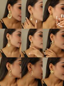 1 对多种款式可选个性化心形、水滴形、花朵形、太阳形、竹结形耳环适合女性日常佩戴 - 彩色 - 查看 12