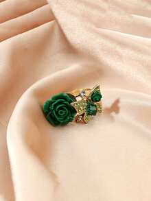 1個復古波西米亞風格的綠色鋅合金蝴蝶和玫瑰形狀鑲嵌鑽石戒指,適合日常和派對佩戴 - 綠色 - 查看 2