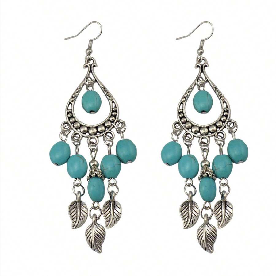 European And American National Wind Small Tree Leaf Branch Fringe Turquoise Long Drip Shaped Earrings Jewelry2PCS - Ancient Silver - View 1