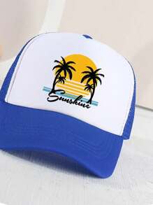 1pc Children's Sunshade Breathable Mesh Baseball Cap With Coconut Tree Pattern For Outdoor Sport - Blue and White - View 3