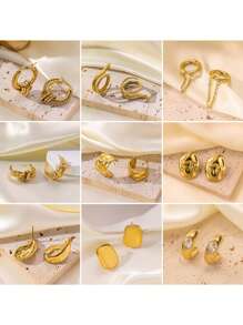 1pair Golden Color Stainless Steel Geometric Exaggerated Dangle Earrings, Fashion Design With High-End Metal Stud, Suitable For Daily Activity Matching - Yellow Gold - View 1