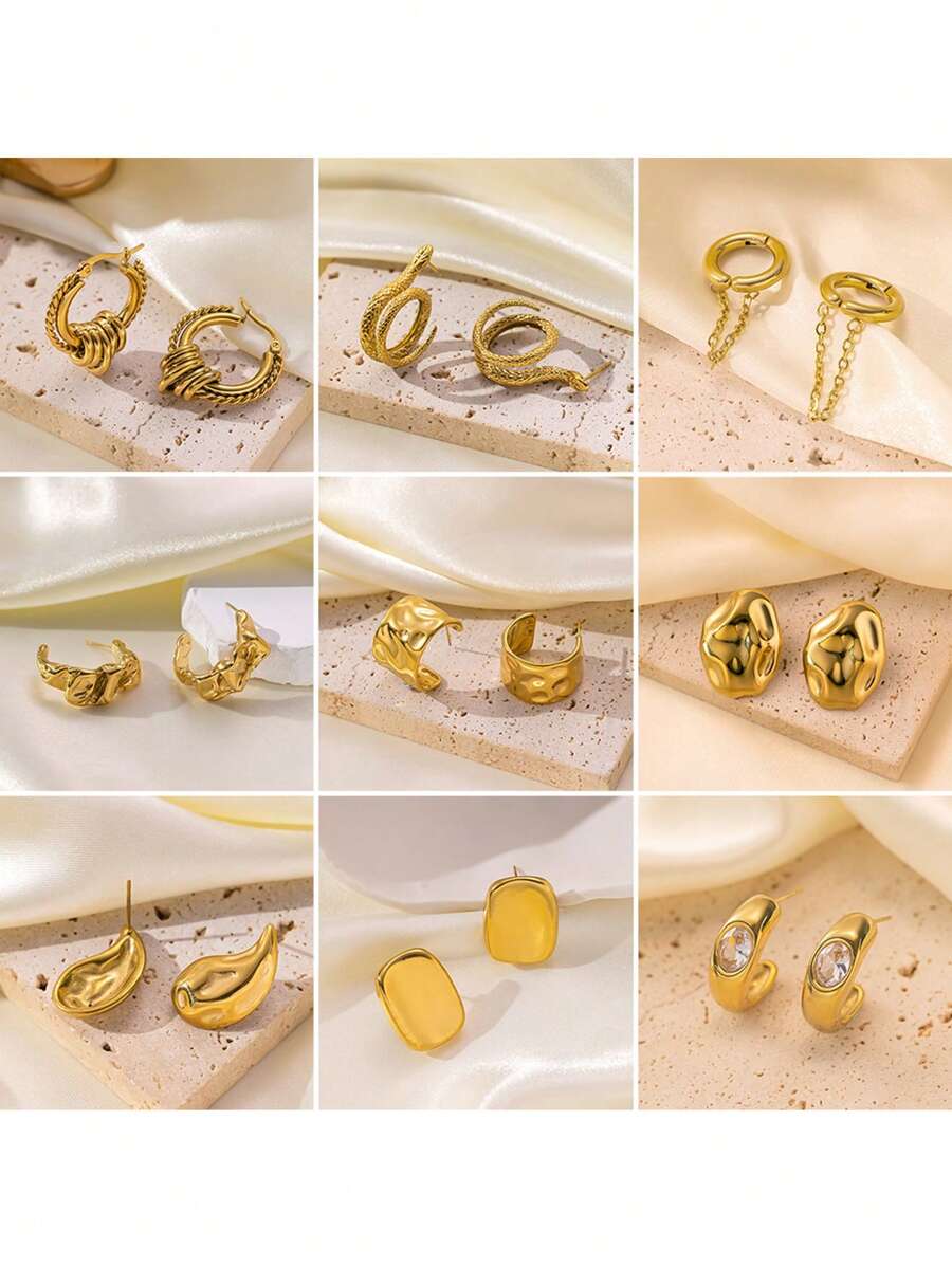 1pair Golden Color Stainless Steel Geometric Exaggerated Dangle Earrings, Fashion Design With High-End Metal Stud, Suitable For Daily Activity Matching - Yellow Gold - View 1