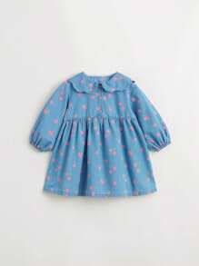 MARC&JANIE 女孩甜美可愛的櫻花蕾絲領長袖牛仔裙，適合春季