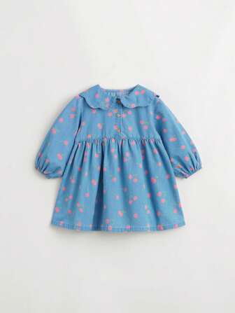 MARC&JANIE 女孩甜美可愛的櫻花蕾絲領長袖牛仔裙，適合春季