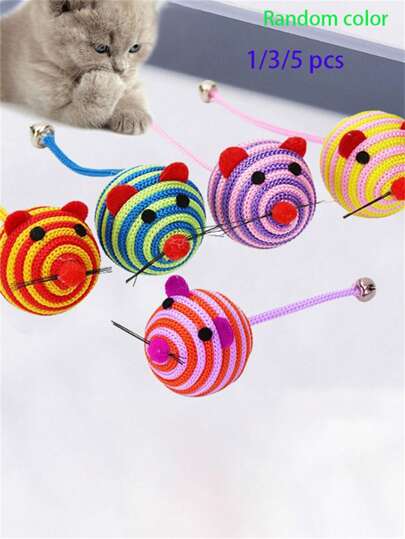 1/3/5 Pcs Random Color Cat Toys- Nylon Rope Mouse Shaped Interactive Bell Ball Toy For Interaction And Entertainment, Stress Relief
