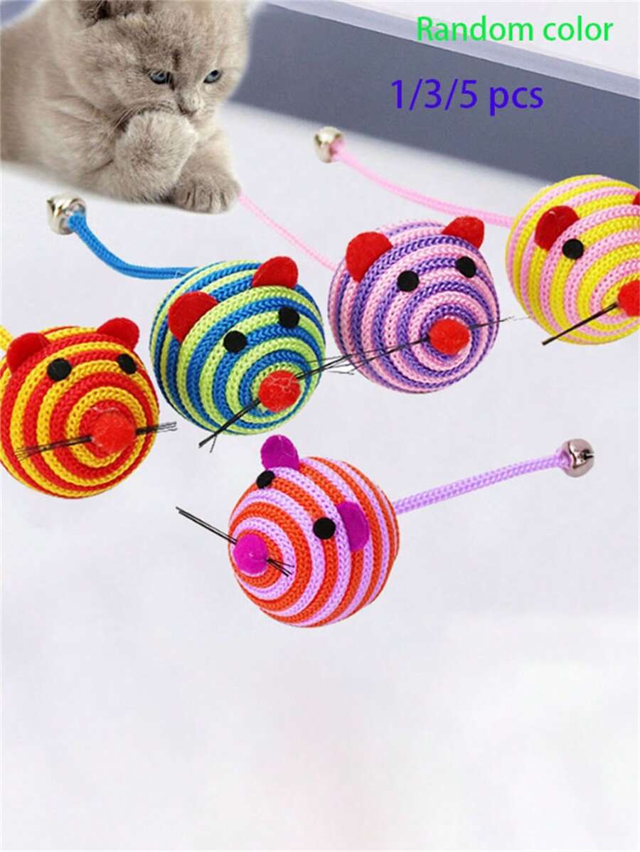 1/3/5 件随机颜色猫玩具 - 尼龙绳老鼠形互动铃铛球玩具，用于互动和娱乐，缓解压力