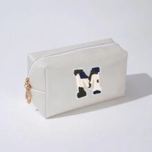 Phong cách Đơn giản In hoa bò Thêu Chữ Túi trang điểm Không thấm nước Túi mỹ phẩm Du lịch Có thể mang đi Lưu trữ Nhỏ bé Túi vệ sinh Lá thư In ấn Túi trang điểm Ngày lễ tình nhân Qủa tặng chất liệu da PU - Màu be - Xem 11