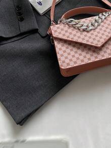 女士簡約時尚純色馬鞍包,配有縫合和鏈條裝飾 - 彩色 - 查看 9