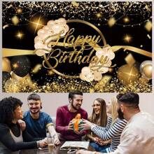 1 pièce, Toile de fond Joyeux anniversaire noir et doré, pois dorés brillants, ballons avec strass, doux fond de photographie de décoration de fête, bannière de table de gâteau, accessoires de photomaton, bannière de fête, bannière d'anniversaire, décoration de maison, décoration de chambre, Noël