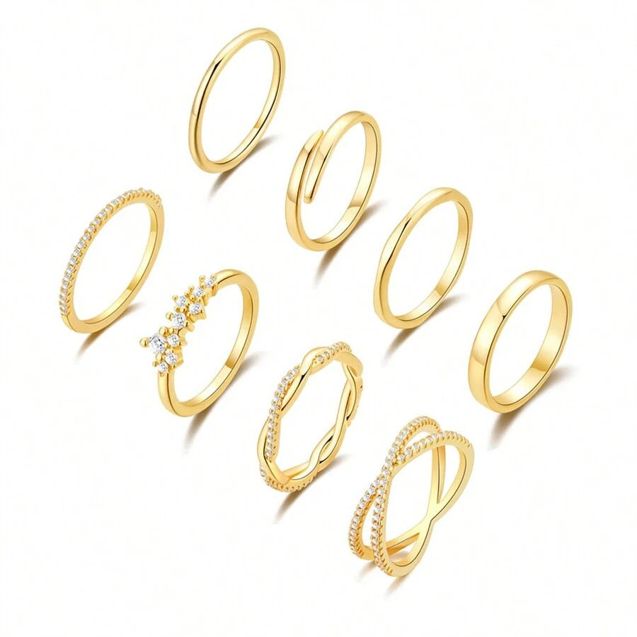 8PCS 18K Gold Plated Stacking Ring Set For Women Men X Ring Diamond Open Twist Teen Dainty Thumb Stackable Rings Gold Statement Rings Plain Band Size 6-10 - Gold - View 1