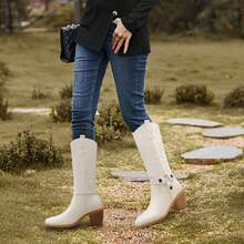 Cowgirl Boots For Women Wide Calf Women'S Western Cowboy Boots Fashion Comfortable Embroidered Mid Calf Boots - trắng - Xem 6