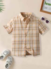 男童格紋印花短袖前鈕紐襯衫 - 黃色 - 查看 1