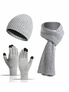 女性秋冬新款針織毛帽套裝，包括圍巾、帽子和手套 - 灰色 - 查看 2