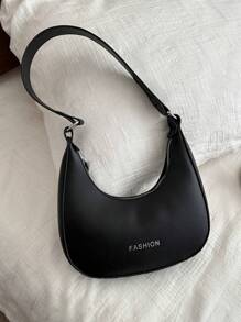 1 时尚宽肩带新月腋下包，简约单肩包 - 黑色 - 查看 1