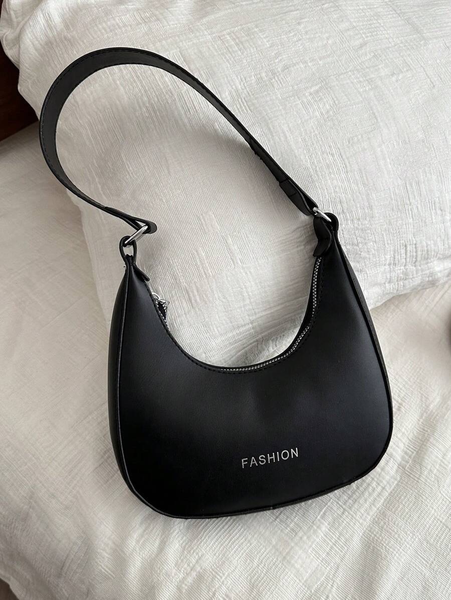 1 时尚宽肩带新月腋下包，简约单肩包 - 黑色 - 查看 1