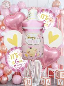 7pcs Pink Bottle Shaped Latex & Foil Balloon Set For Gender Reveal, Birthday Party Decoration Supplies - Pink - View 1