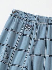 Young Boy Cartoon Letter Print Long Sleeve Top And Plaid Long Pants Lightweight Pajamas Set, Spring & Autumn - Blue - View 7