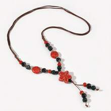 1 件波西米亞風格陶瓷串珠女式紅花長項鍊,附女孩禮盒,母親節、感恩節、生日禮物 - 紅色 - 查看 3