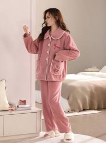 女士法蘭絨復活節/新年禮物休閒口袋寬鬆長袖上衣和長褲睡衣套裝 - 西瓜粉 - 查看 3