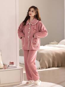 女士法蘭絨復活節/新年禮物休閒口袋寬鬆長袖上衣和長褲睡衣套裝 - 西瓜粉 - 查看 1