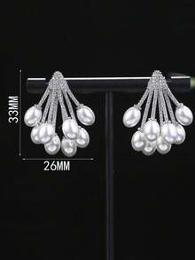 1 對時尚方晶鋯石鍍銀吊墜耳環適合女士日常佩戴 - 銀色 - 查看 3