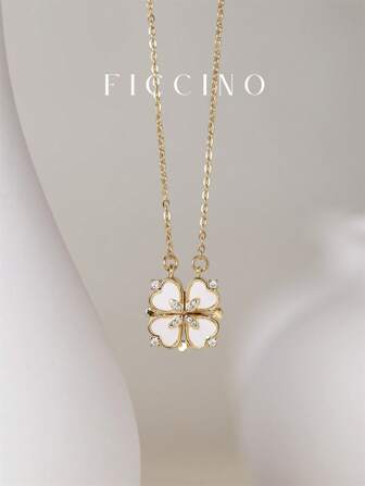  Colgante de trébol de cuatro hojas chapado en oro de Ficcino con mosaico de corazón incrustado de circonita cúbica, se puede abrir con succión magnética, combinación de múltiples métodos de uso, cadena en O de acero de titanio chapado en oro, adecuado para uso diario y ocasiones especiales de festivales, con caja de regalo para San Valentín.