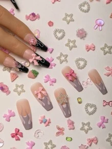 100入組y2k粉色蝴蝶結、玫瑰、心形3d兔子隨機混合規格美甲裝飾diy平底珍珠白色空心心形星形女性休閒美甲配件 - 粉色 - 查看 1