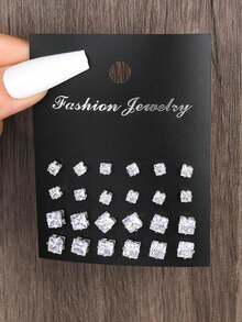 24對組簡約鑲嵌鑽石耳釘套裝,適合女性約會和度假禮物 - 銀色 - 查看 3