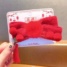 1pc Chinese Style Retro Bowknot Tassel Red Hair Clip For Women, New Year Celebration - Multicolor - View 2