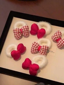 2件女孩紅色紅白格子綁帶絨面蝴蝶結，高彈性，可愛又甜美的髮帶，適用於日常聚會和通勤髮帶，萬用款 - 紅白色 - 查看 4