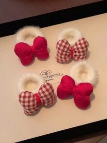 2件女孩紅色紅白格子綁帶絨面蝴蝶結，高彈性，可愛又甜美的髮帶，適用於日常聚會和通勤髮帶，萬用款 - 紅白色 - 查看 2