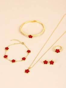 1 套女士幸運五瓣花耳環和項鍊套裝,5 件套時尚別緻五葉花風格珠寶套裝 - 紅色 - 查看 1