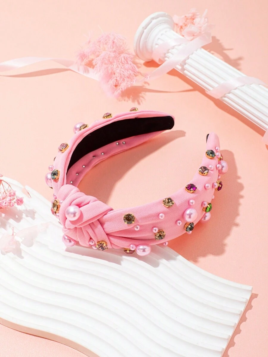 1入時尚新式珍珠與鑽石扭結頭帶,適用於女孩 - 粉色 - 查看 1