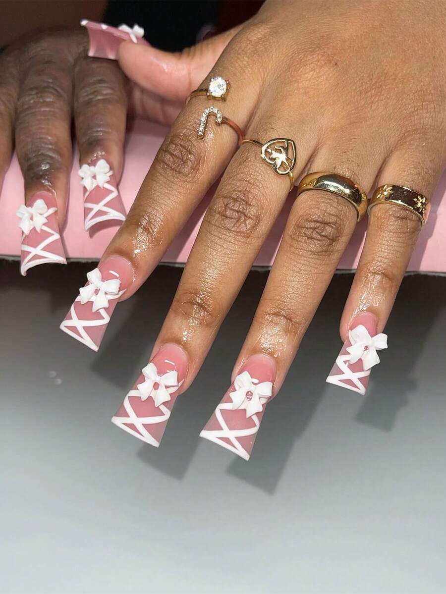 24入組xxl長鴨指甲貼,長鴨白色條紋和3d白色蝴蝶結指甲貼適用於y2k美甲沙龍24入組xxl長鴨指甲貼,長鴨法式黑色指甲貼適用於y2k美甲沙龍 - 彩色 - 查看 1