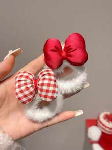 2件女孩紅色紅白格子綁帶絨面蝴蝶結，高彈性，可愛又甜美的髮帶，適用於日常聚會和通勤髮帶，萬用款 - 紅白色 - 查看 1