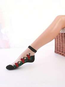 5雙女式透氣絲襪,絲綢短襪帶有提花圖案,黑色 - 黑色 - 查看 5