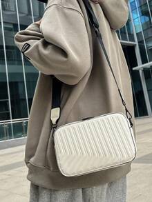 1入組男士垂直條紋硬殼pvc拉鍊式斜肩包,適合秋冬日常使用,側袋盒狀包防水防盜,適用作情人節男友禮物 - 白色 - 查看 4